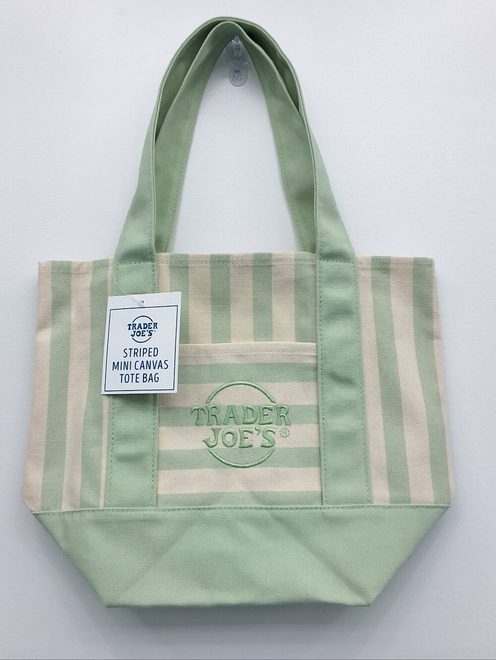 Trader Joe's Green Striped Mini Canvas Tote Bag W/ Exterior Pocket, New With Tag